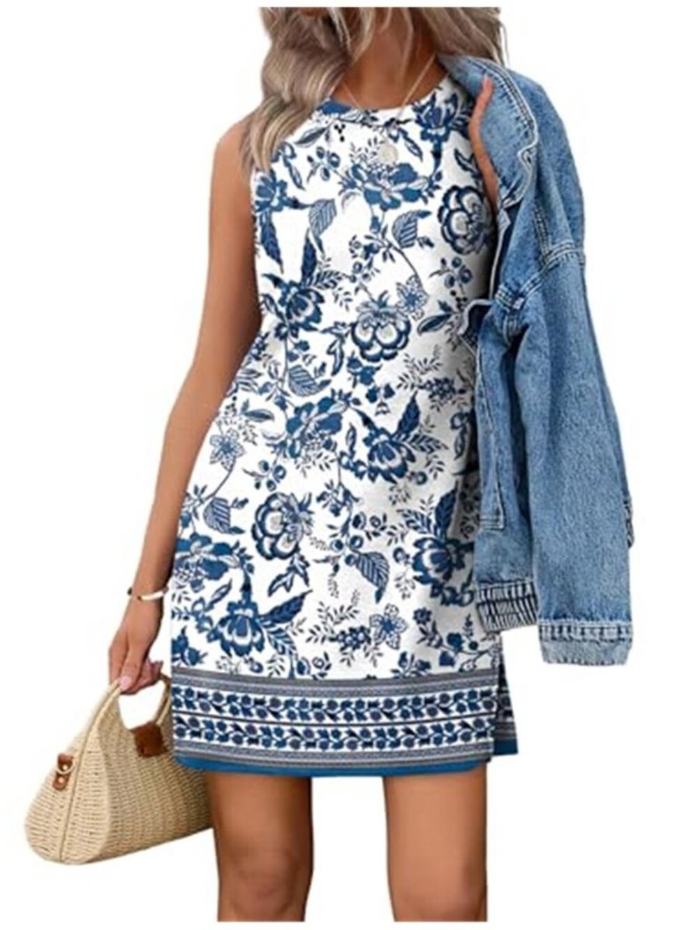WIHOLL Blue Floral Boho Mini Dress Sleeveless Summer Vacation Tank Dress